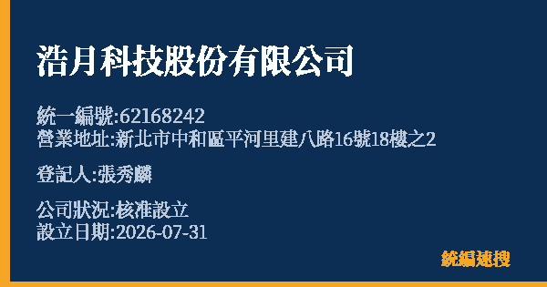 浩月科技股份有限公司的照片-統編 62168242(新北市) 公司登記資料與營業項目詳細圖表