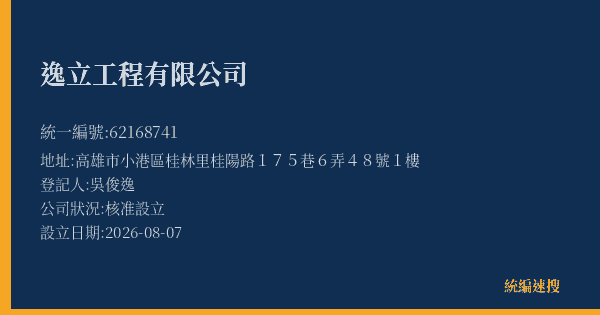 逸立工程有限公司的照片-統編 62168741(高雄市) 公司登記資料與營業項目詳細圖表