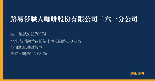 路易莎職人咖啡股份有限公司二六一分公司的照片-統編 62176974(苗栗縣) 公司登記資料與營業項目詳細圖表