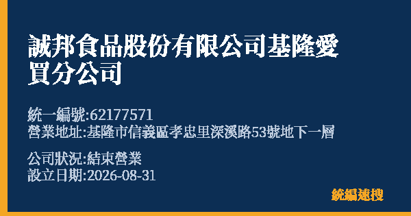 誠邦食品股份有限公司基隆愛買分公司的照片-統編 62177571 公司登記資料與營業項目詳細圖表