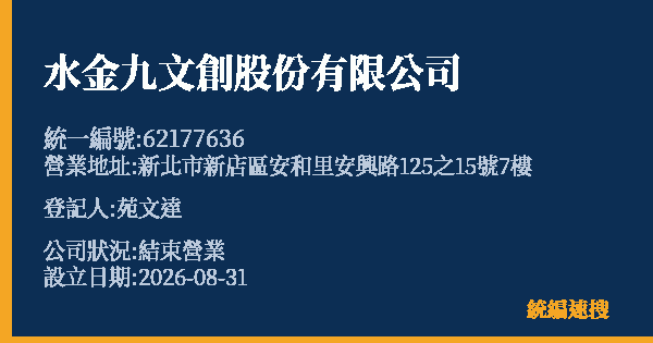 水金九文創股份有限公司的照片-統編 62177636 公司登記資料與營業項目詳細圖表