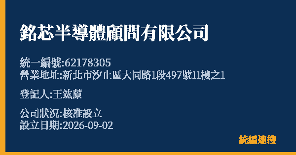 銘芯半導體顧問有限公司的照片-統編 62178305(新北市) 公司登記資料與營業項目詳細圖表