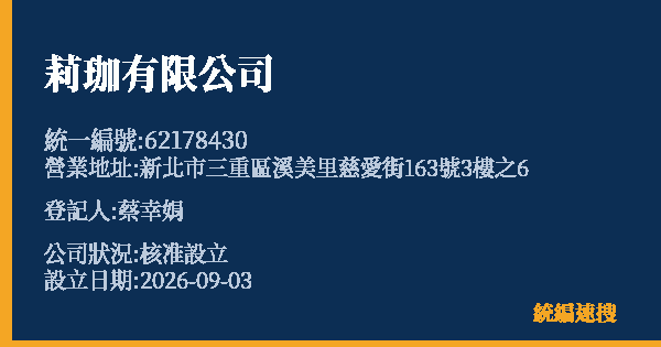 莉珈有限公司的照片-統編 62178430(新北市) 公司登記資料與營業項目詳細圖表