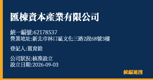 匯棟資本產業有限公司的照片-統編 62178537(新北市) 公司登記資料與營業項目詳細圖表