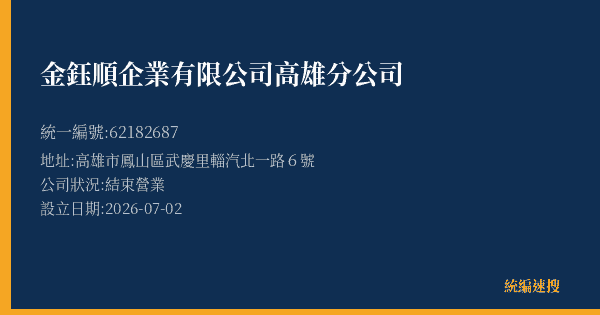 金鈺順企業有限公司高雄分公司的照片-統編 62182687 公司登記資料與營業項目詳細圖表