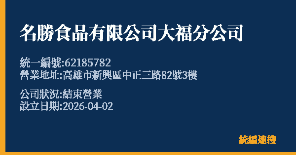 名勝食品有限公司大福分公司的照片-統編 62185782 公司登記資料與營業項目詳細圖表