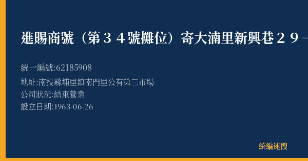 進賜商號(第34號攤位)寄大湳里新興巷29-1號的照片-統編 62185908(南投縣) 公司登記資料與營業項目詳細圖表