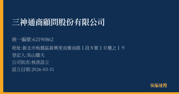 三神通商顧問股份有限公司的照片-統編 62190862(新北市) 公司登記資料與營業項目詳細圖表