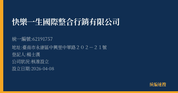 快樂一生國際整合行銷有限公司的照片-統編 62191757(臺南市) 公司登記資料與營業項目詳細圖表