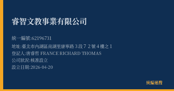 睿智文教事業有限公司的照片-統編 62196731(臺北市) 公司登記資料與營業項目詳細圖表