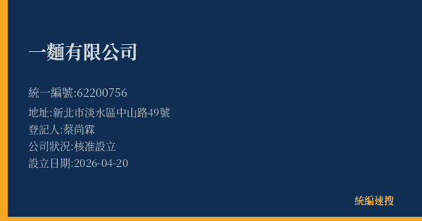一麵有限公司的照片-統編 62200756(新北市) 公司登記資料與營業項目詳細圖表
