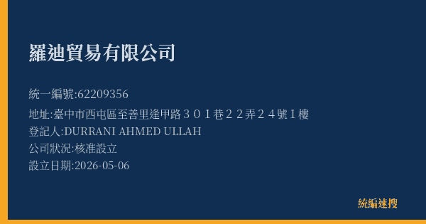 羅迪貿易有限公司的照片-統編 62209356(臺中市) 公司登記資料與營業項目詳細圖表