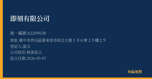 即刻有限公司的照片-統編 62209638(臺中市) 公司登記資料與營業項目詳細圖表
