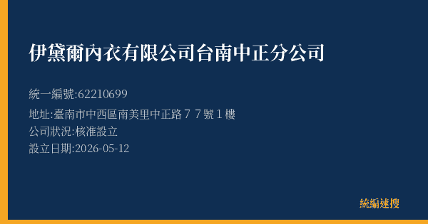 伊黛爾內衣有限公司台南中正分公司的照片-統編 62210699(臺南市) 公司登記資料與營業項目詳細圖表