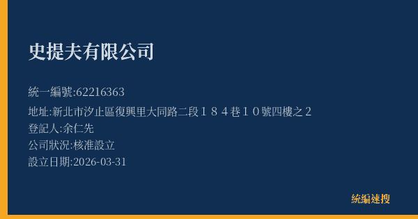 史提夫有限公司的照片-統編 62216363(新北市) 公司登記資料與營業項目詳細圖表