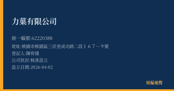 力菓有限公司的照片-統編 62220388(桃園市) 公司登記資料與營業項目詳細圖表