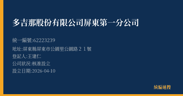 多吉那股份有限公司屏東第一分公司的照片-統編 62223239(屏東縣) 公司登記資料與營業項目詳細圖表