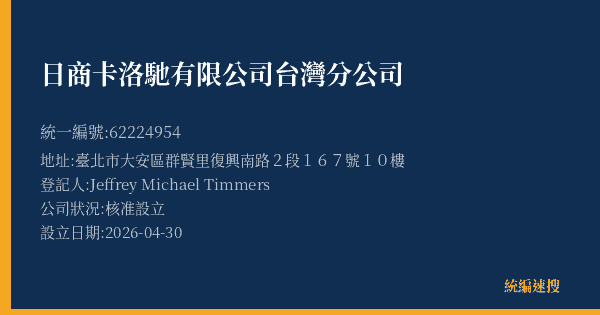 日商卡洛馳有限公司台灣分公司的照片-統編 62224954(臺北市) 公司登記資料與營業項目詳細圖表