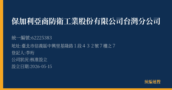 保加利亞商防衛工業股份有限公司台灣分公司的照片-統編 62225383 公司登記資料與營業項目詳細圖表