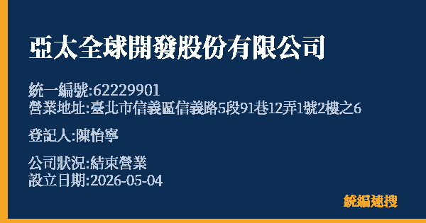 亞太全球開發股份有限公司的照片-統編 62229901 公司登記資料與營業項目詳細圖表