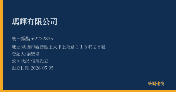 瑪暉有限公司的照片-統編 62232835 公司登記資料與營業項目詳細圖表