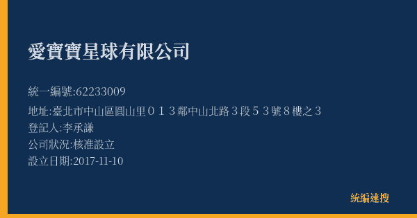 愛寶寶星球有限公司的照片-統編 62233009(臺北市) 公司登記資料與營業項目詳細圖表