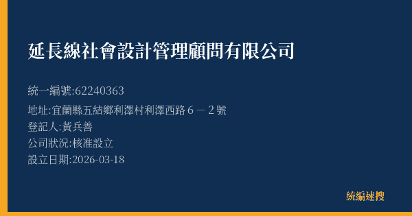 延長線社會設計管理顧問有限公司的照片-統編 62240363(宜蘭縣) 公司登記資料與營業項目詳細圖表