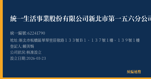 統一生活事業股份有限公司新北市第一五六分公司的照片-統編 62241790(新北市) 公司登記資料與營業項目詳細圖表