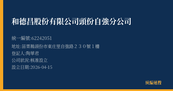 和德昌股份有限公司頭份自強分公司的照片-統編 62242051(苗栗縣) 公司登記資料與營業項目詳細圖表