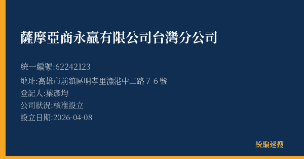 薩摩亞商永贏有限公司台灣分公司的照片-統編 62242123(高雄市) 公司登記資料與營業項目詳細圖表