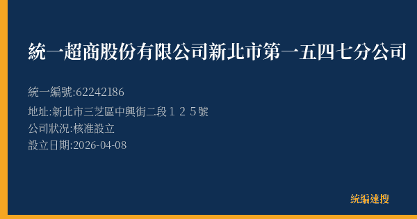 統一超商股份有限公司新北市第一五四七分公司的照片-統編 62242186 公司登記資料與營業項目詳細圖表