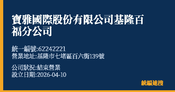 寶雅國際股份有限公司基隆百福分公司的照片-統編 62242221 公司登記資料與營業項目詳細圖表