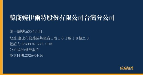 韓商婉伊爾特股份有限公司台灣分公司的照片-統編 62242411(臺北市) 公司登記資料與營業項目詳細圖表
