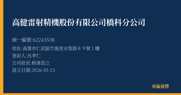 高健雷射精機股份有限公司橋科分公司的照片-統編 62243538(高雄市) 公司登記資料與營業項目詳細圖表