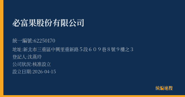 必富果股份有限公司的照片-統編 62250170(新北市) 公司登記資料與營業項目詳細圖表