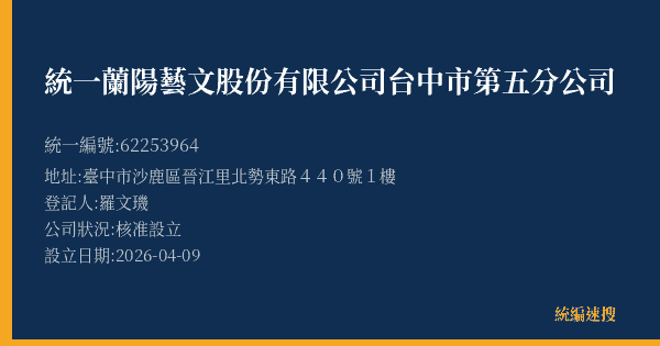統一蘭陽藝文股份有限公司台中市第五分公司的照片-統編 62253964(臺中市) 公司登記資料與營業項目詳細圖表