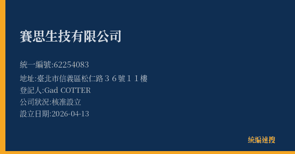 賽思生技有限公司的照片-統編 62254083(臺北市) 公司登記資料與營業項目詳細圖表