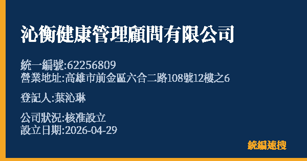 沁衡健康管理顧問有限公司的照片-統編 62256809 公司登記資料與營業項目詳細圖表