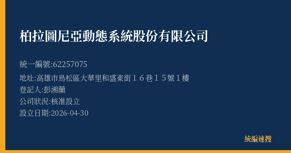 柏拉圖尼亞動態系統股份有限公司的照片-統編 62257075(高雄市) 公司登記資料與營業項目詳細圖表