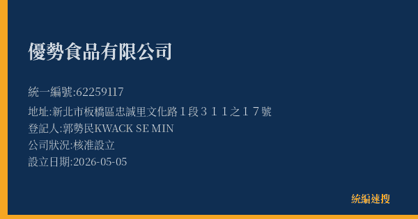 優勢食品有限公司的照片-統編 62259117(新北市) 公司登記資料與營業項目詳細圖表