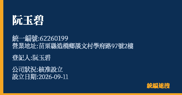 阮玉碧的照片-統編 62260199(苗栗縣) 公司登記資料與營業項目詳細圖表