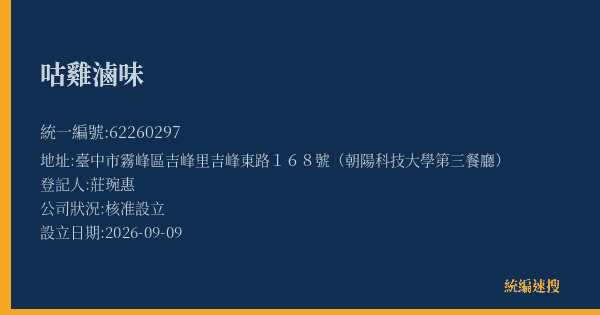 咕雞滷味的照片-統編 62260297(臺中市) 公司登記資料與營業項目詳細圖表