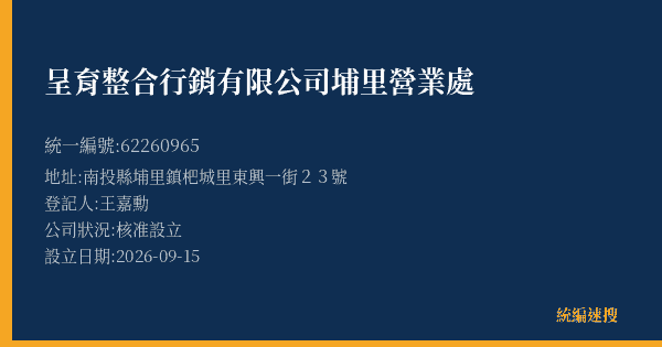 呈育整合行銷有限公司埔里營業處的照片-統編 62260965(南投縣) 公司登記資料與營業項目詳細圖表