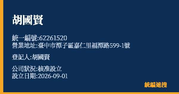 胡國賢的照片-統編 62261520(臺中市) 公司登記資料與營業項目詳細圖表