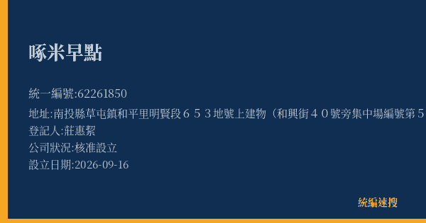 啄米早點的照片-統編 62261850(南投縣) 公司登記資料與營業項目詳細圖表