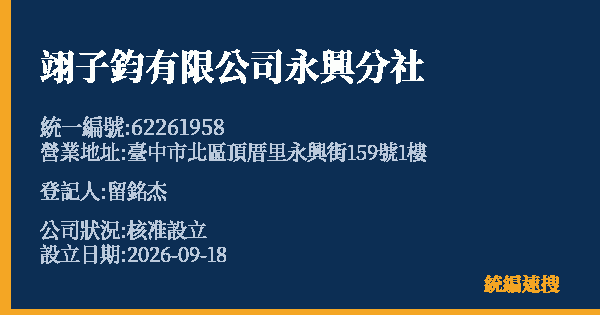翊子鈞有限公司永興分社的照片-統編 62261958(臺中市) 公司登記資料與營業項目詳細圖表