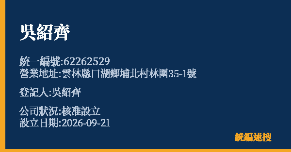 吳紹齊的照片-統編 62262529(雲林縣) 公司登記資料與營業項目詳細圖表
