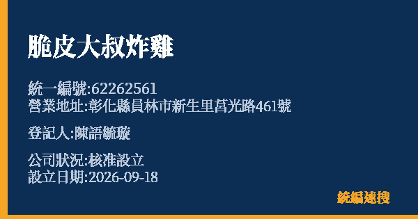 脆皮大叔炸雞的照片-統編 62262561(彰化縣) 公司登記資料與營業項目詳細圖表