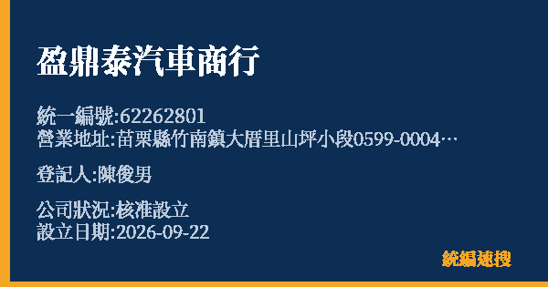 盈鼎泰汽車商行的照片-統編 62262801(苗栗縣) 公司登記資料與營業項目詳細圖表