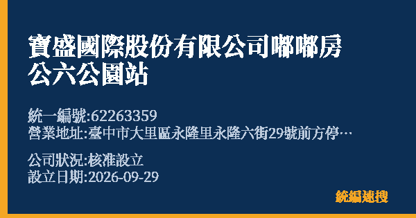 寶盛國際股份有限公司嘟嘟房公六公園站的照片-統編 62263359(臺中市) 公司登記資料與營業項目詳細圖表